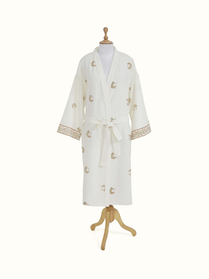 Front view of Ambi Buta Peach Floral Cotton Sanganeri Block Printed Bathrobe showing the front silhouette and design