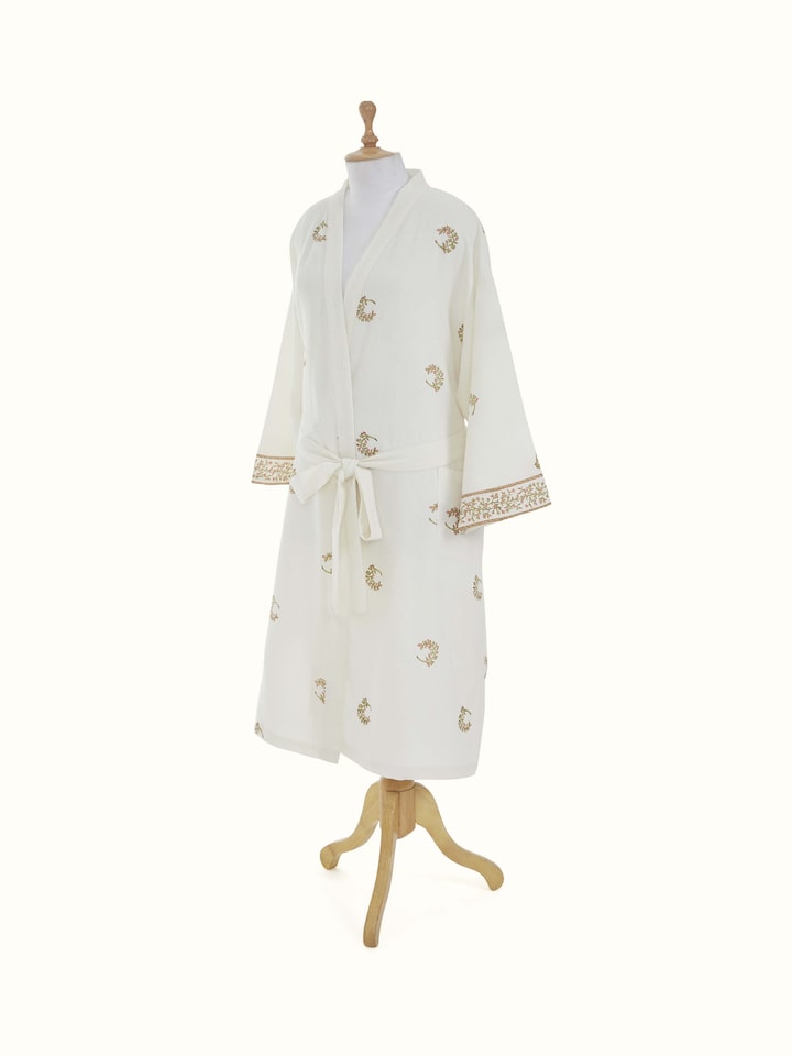 Close-up view of Ambi Buta Peach Floral Cotton Sanganeri Block Printed Bathrobe highlighting the fabric texture and embroidery detail