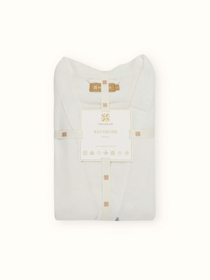 Full view of the blue floral cotton Sanganeri block printed bathrobe displayed with a focus on the pattern and texture
