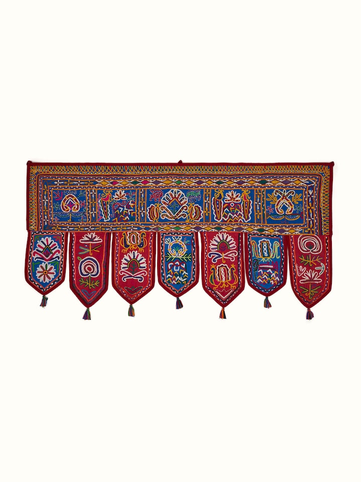 Front view of Kutch Embroidery Floral Toran by Swadesh showcasing the intricate floral embroidery with vibrant colors.