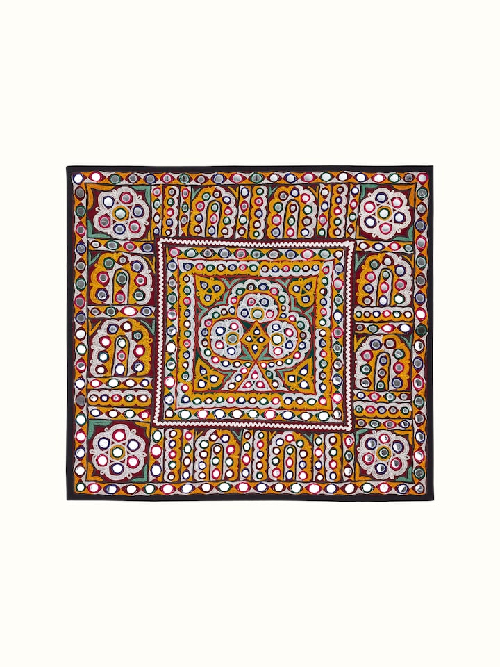 Front view of Kutch Embroidery Trees & Flowers Wall Hanging from Swadesh, showcasing vibrant embroidery and traditional patterns.