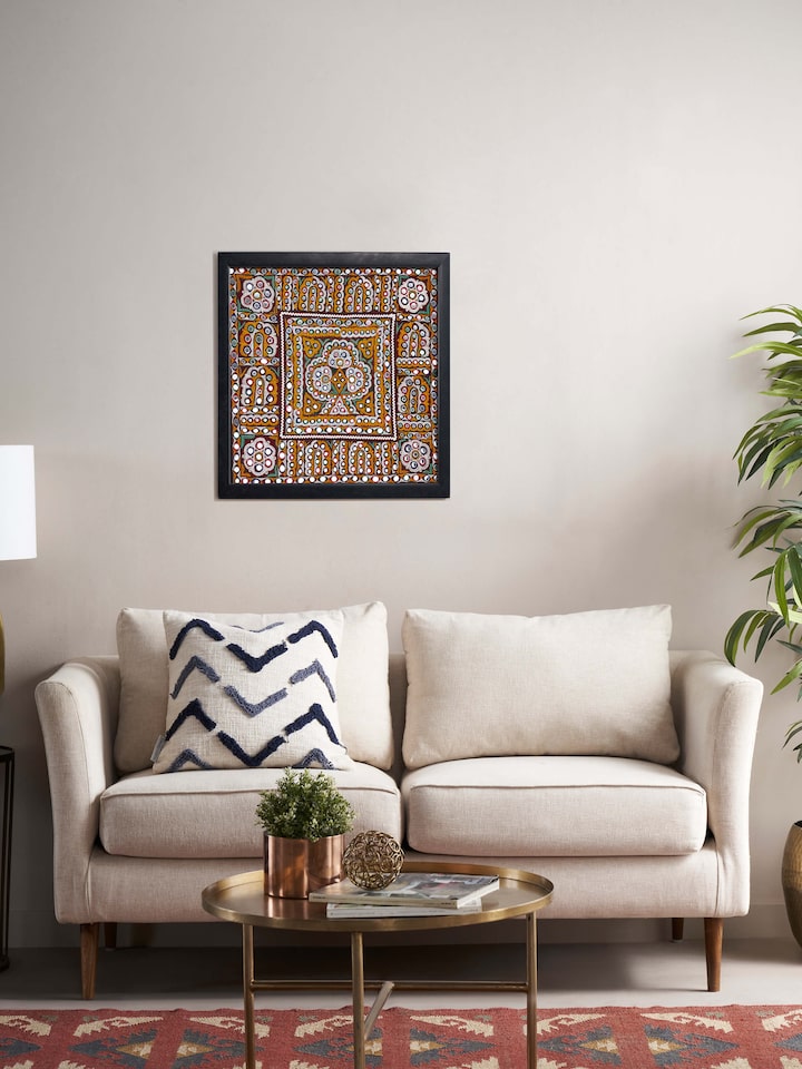 Side view of Kutch Embroidery Trees & Flowers Wall Hanging from Swadesh, highlighting the fine stitching and intricate designs.