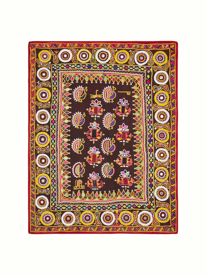 Front view of Kutch embroidery flowers & birds wall hanging showcasing vibrant, detailed embroidery.