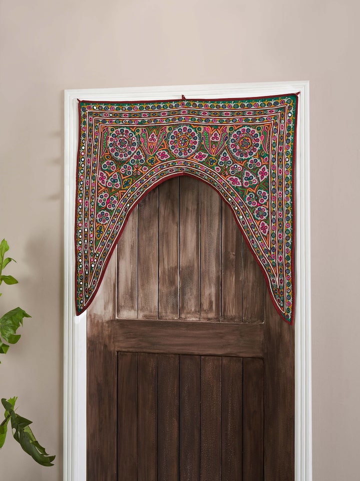 Side view of Kutch Embroidery Geometric Toran displaying the fine stitching and traditional craftsmanship