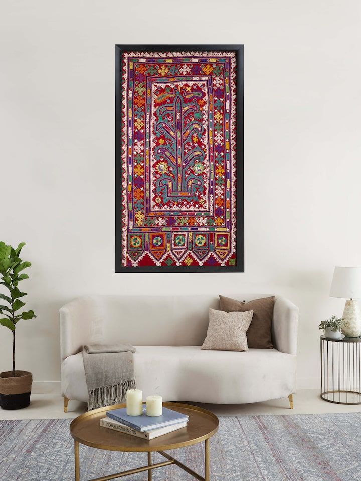 Side view of Kutch embroidery tree & birds wall hanging highlighting intricate embroidery work