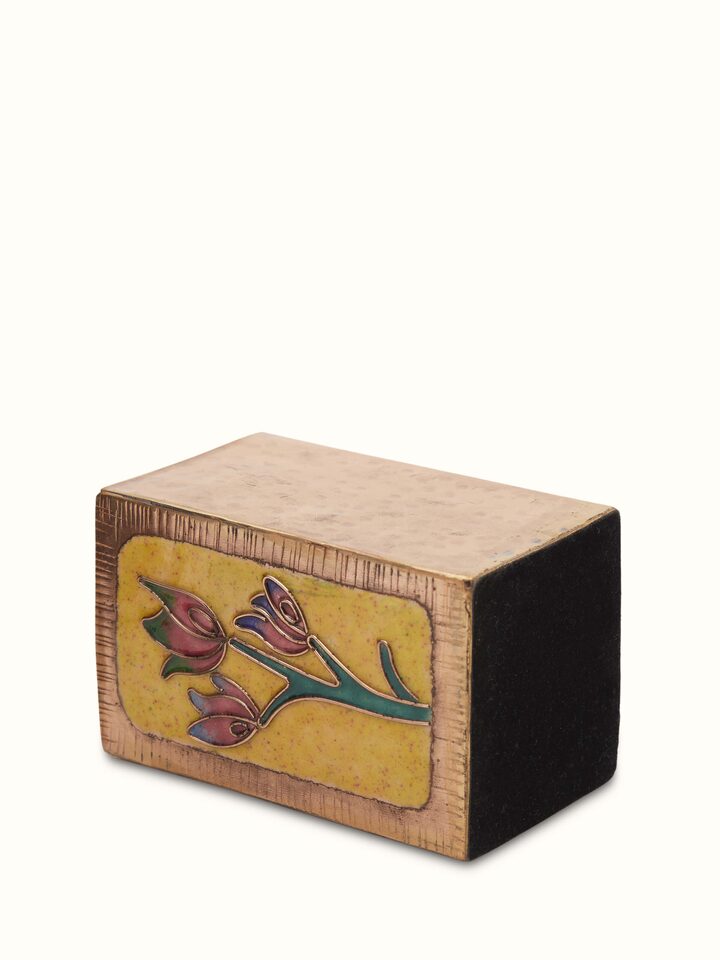 Side view of Copper Flower Square Pen Holder in Yellow, showcasing its detailed craftsmanship