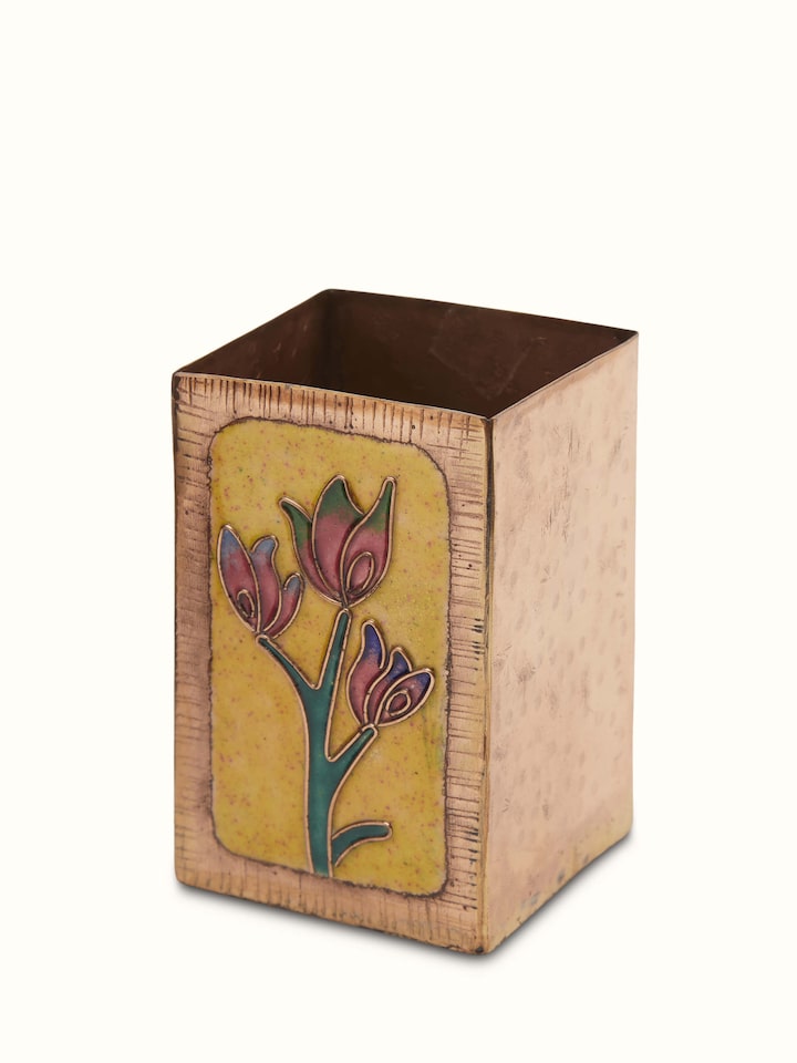 Front view of Copper Flower Square Pen Holder in Yellow, highlighting its vibrant color and design