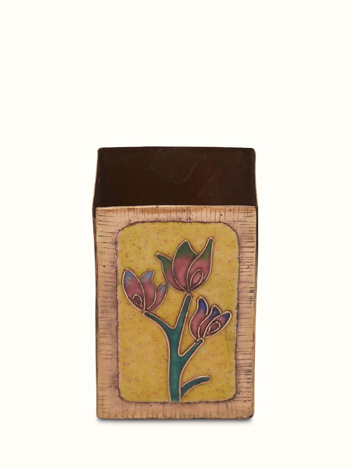 Artistic view of Copper Flower Square Pen Holder in Yellow, featuring intricate flower design