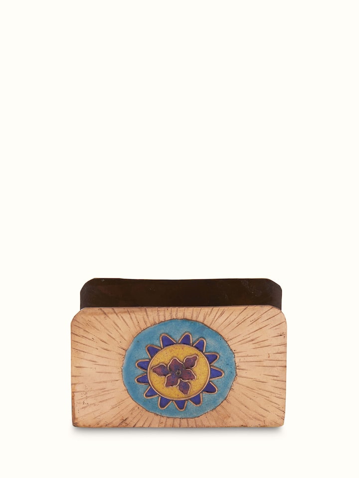 Front view of copper sunshine square card holder in blue, highlighting its sleek design