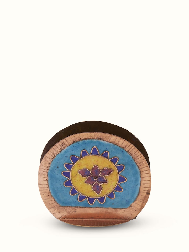 Angled view of Copper sunshine round card holder blue, highlighting its modern design and vibrant blue color.