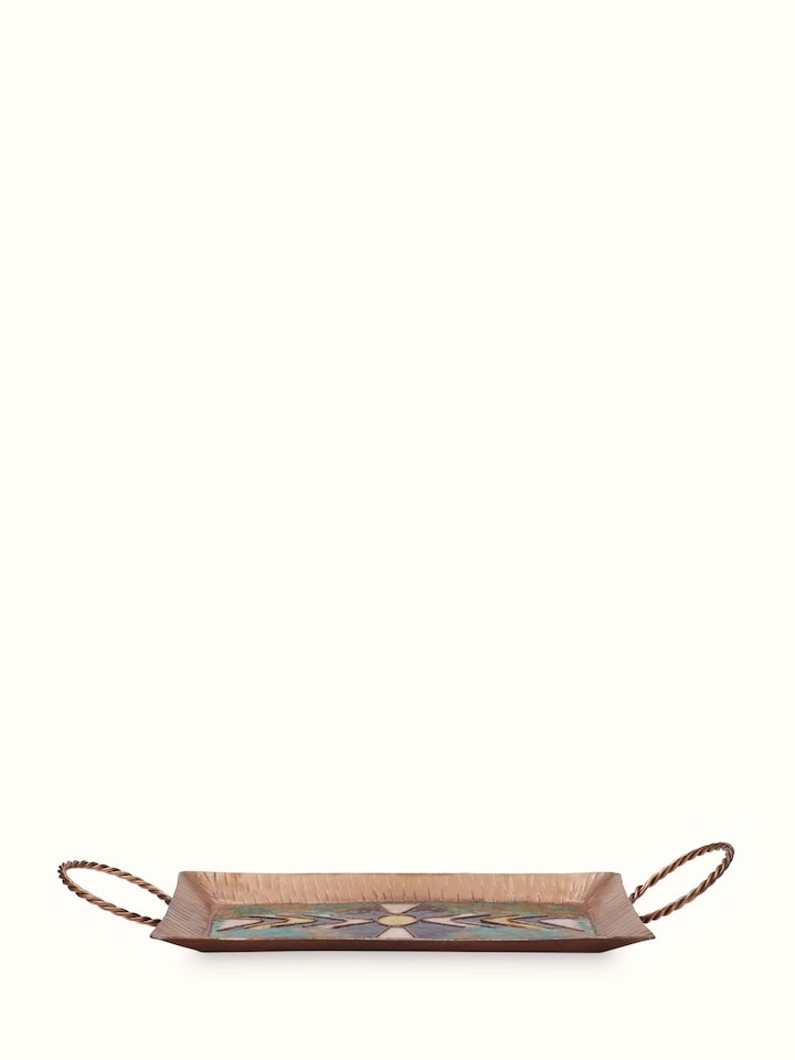 Front view of Copper Serving Tray with V-Shaped Pattern, showcasing the polished surface and geometric design