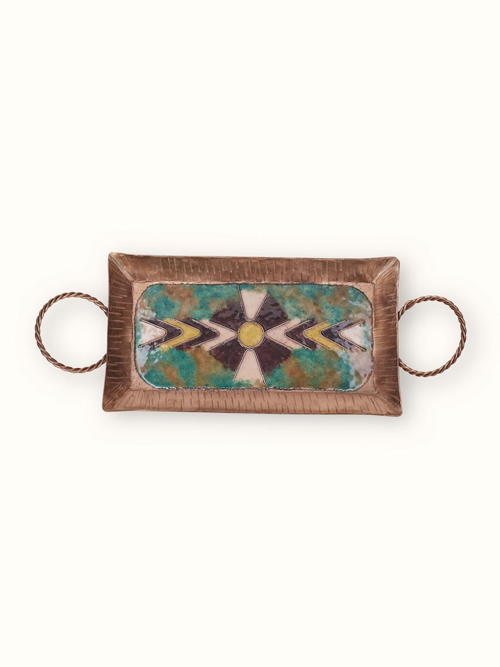 Side view of Copper Serving Tray with V-Shaped Pattern, displaying the edge design and overall shape