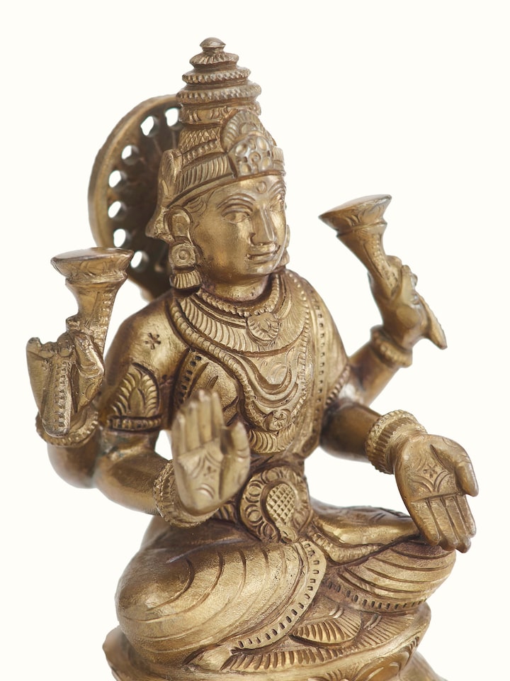 Close-up view of Lakshmi bronze casting idol showcasing the fine bronze work and intricate design