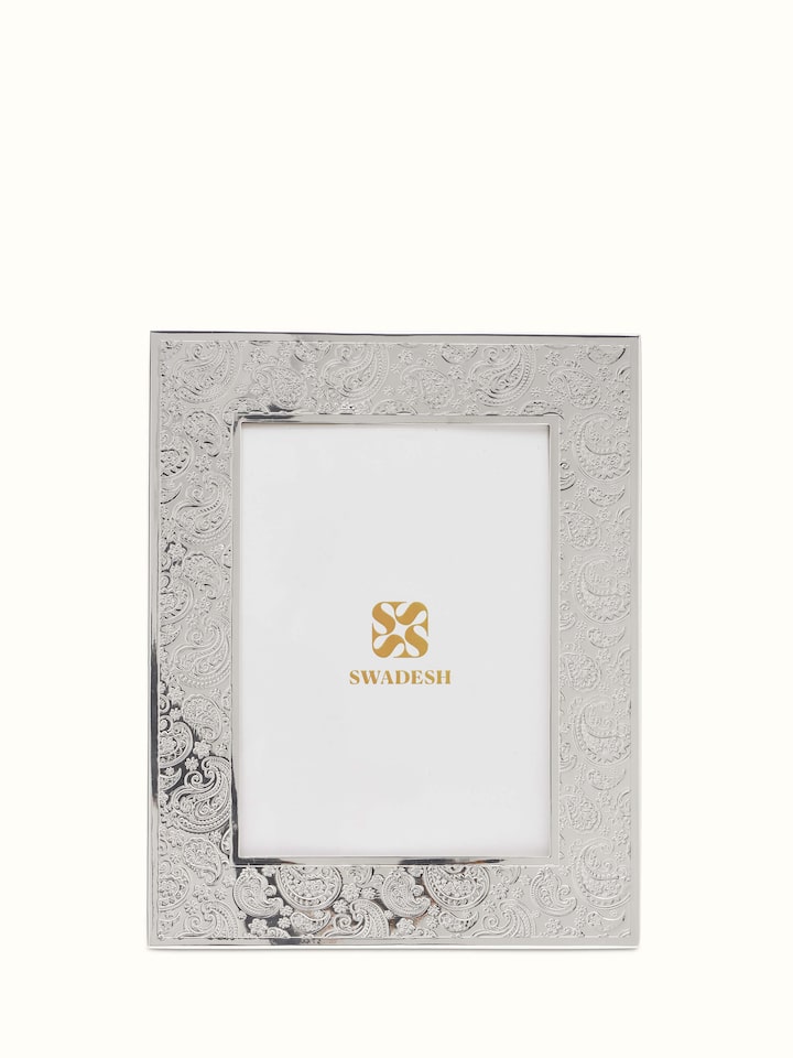 Front view of Silver-Plated Paisley Rectangular Photo Frame (11 x 9 inches) with detailed design