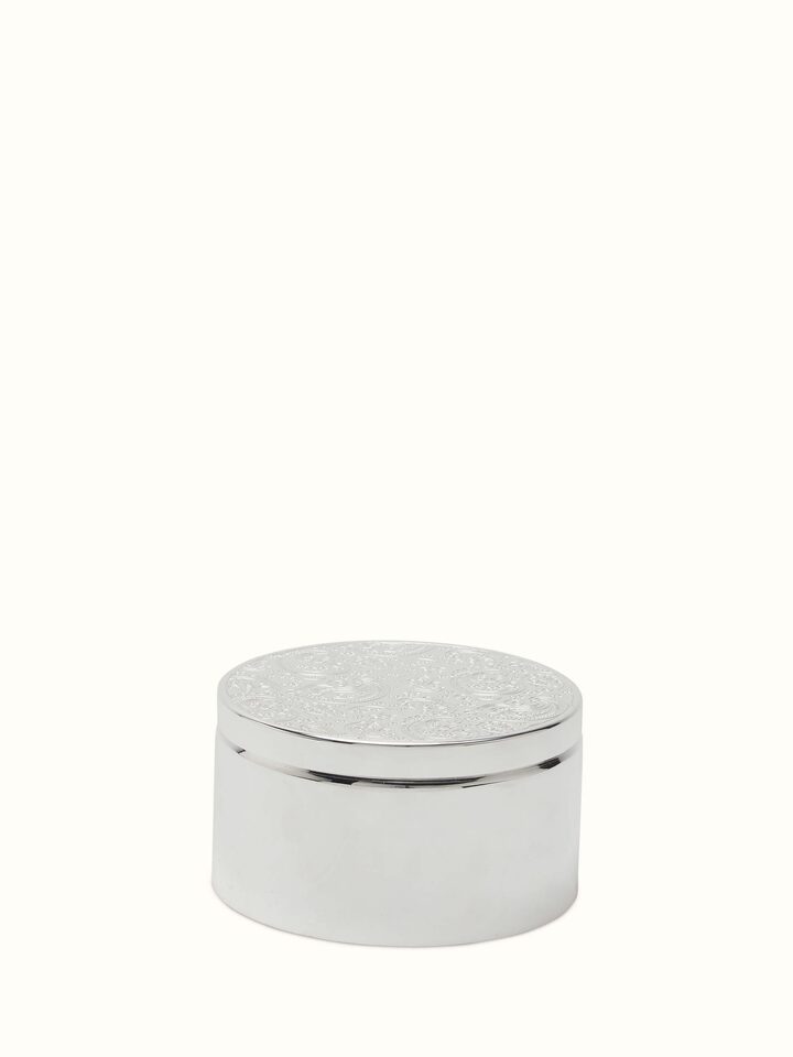 Front view of Silver-plated paisley round box, showcasing its elegant design and intricate paisley pattern.