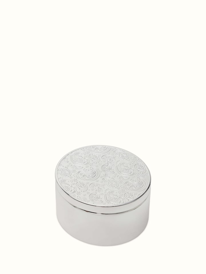 Side view of Silver-plated paisley round box, highlighting detailed craftsmanship and shine.
