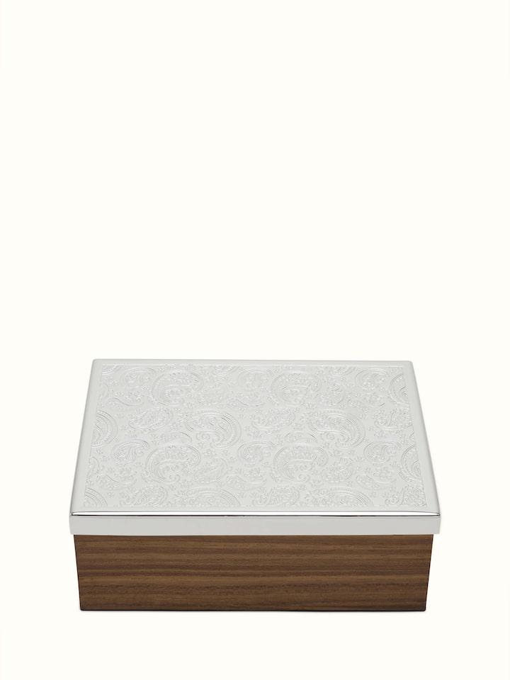 Front view of silver-plated paisley rectangular box highlighting detailed paisley pattern