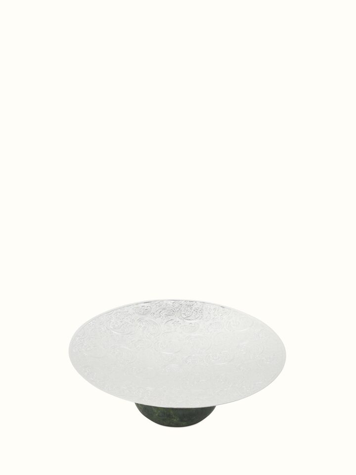 Side view of Silver-Plated Paisley Round Platter, showing the detailed paisley pattern and reflective surface.