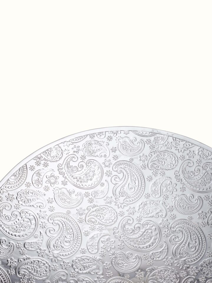 Top view of Silver-Plated Paisley Round Platter, showcasing the full paisley design and elegant round shape.