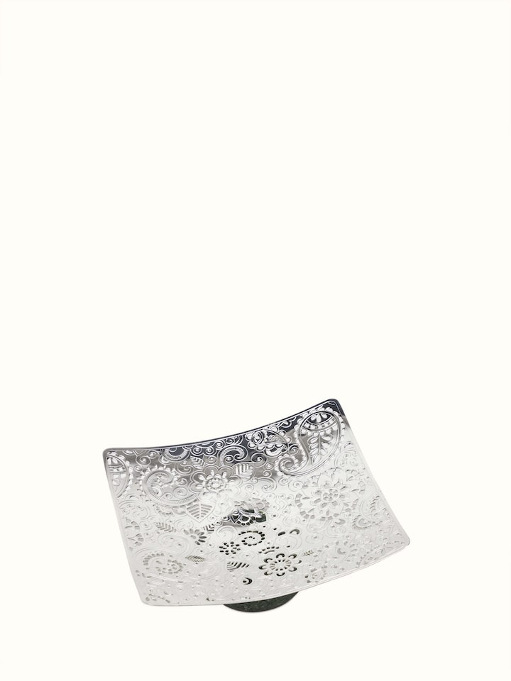 Angled view of Silver-plated paisley square platter (10 x 10 inches) showing the detailed paisley patterns and elegant shine