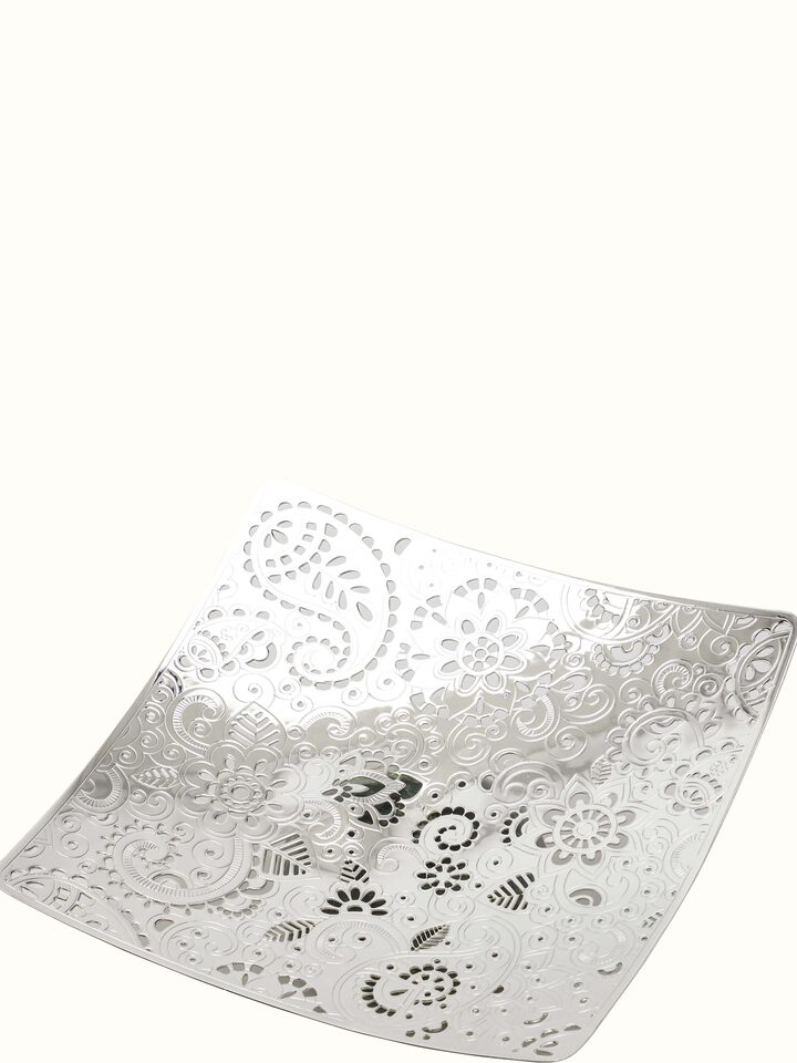 Side view of Silver-plated paisley square platter (10 x 10 inches) highlighting the depth and detailed craftsmanship of the platter