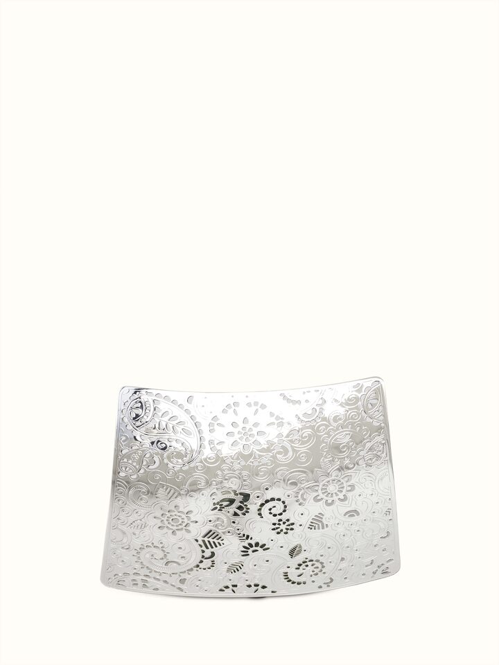 Top view of Silver-plated paisley square platter (10 x 10 inches) showcasing the intricate paisley pattern and polished finish