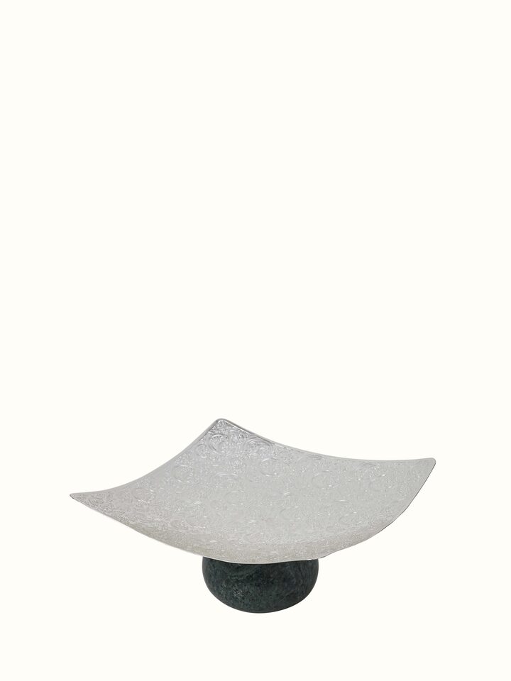 Angled view of silver-plated paisley square platter highlighting its detailed pattern.