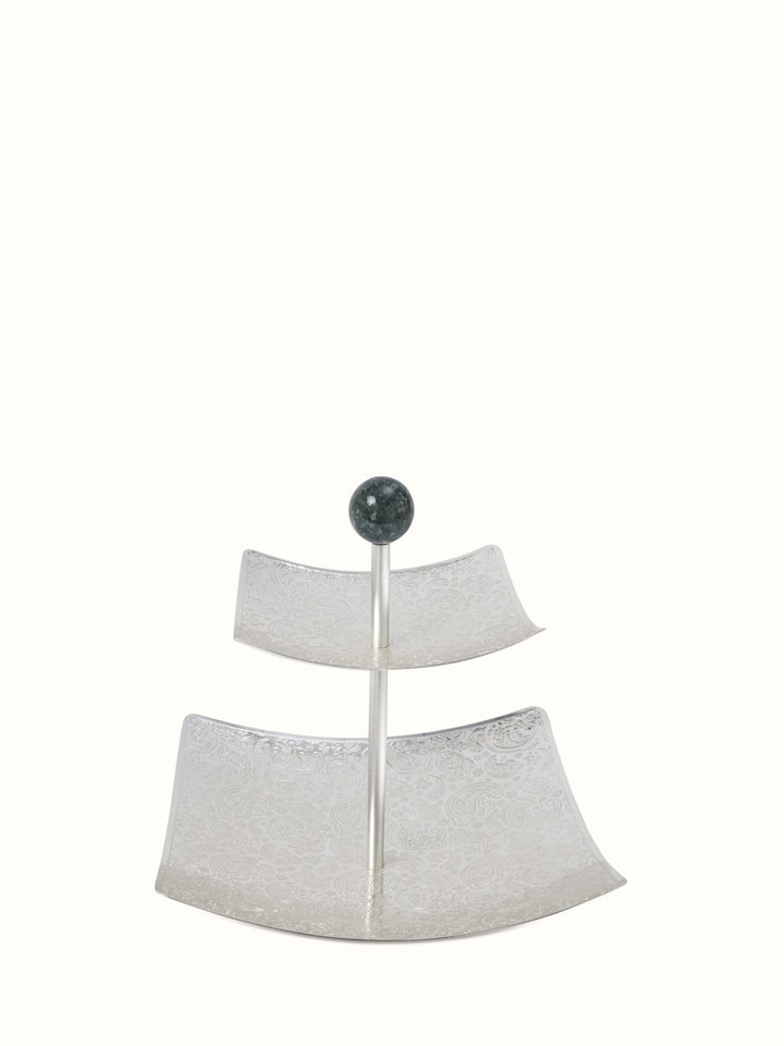 Front view of silver-plated paisley 2-tier square platter showcasing elegant design and high polish
