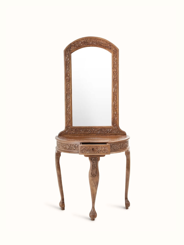 Front view of Carved Walnut Wood Dressing Table showing the front design and silhouette, from a different angle