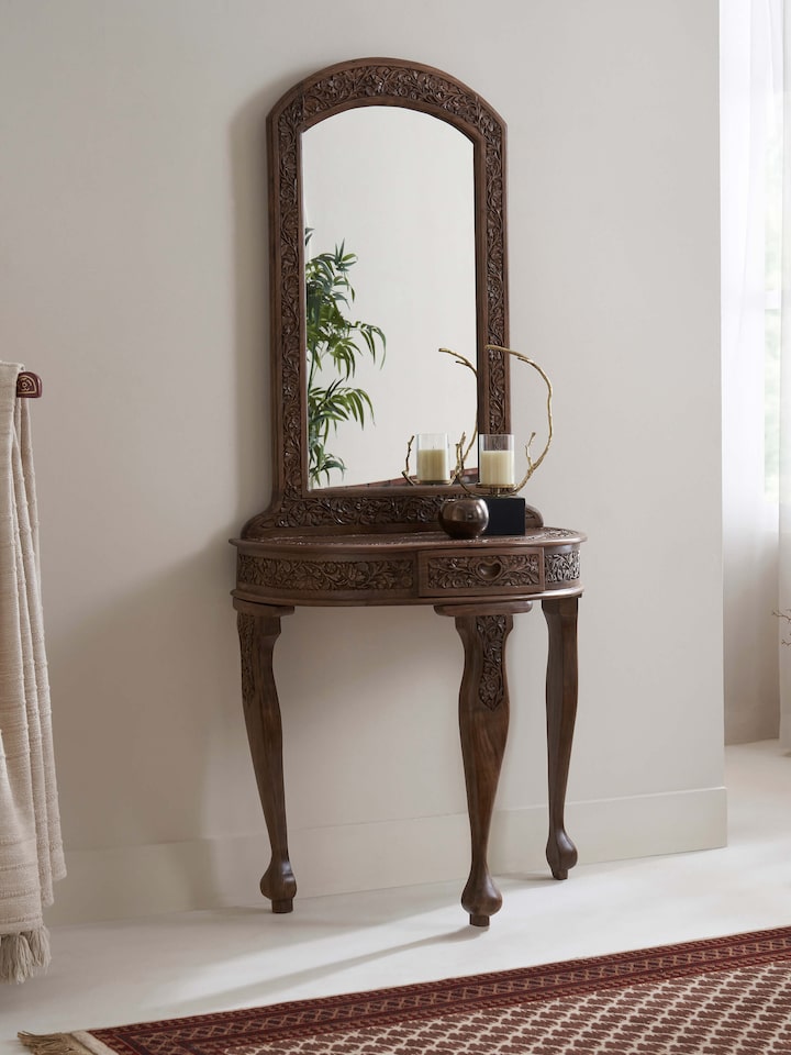 Styled view of Carved Walnut Wood Dressing Table styled in a room setting