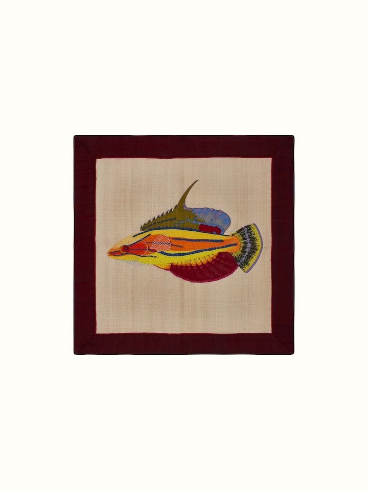 Aari embroidery flasher wrasse wall art, featuring a vibrant fish design with intricate embroidery details.