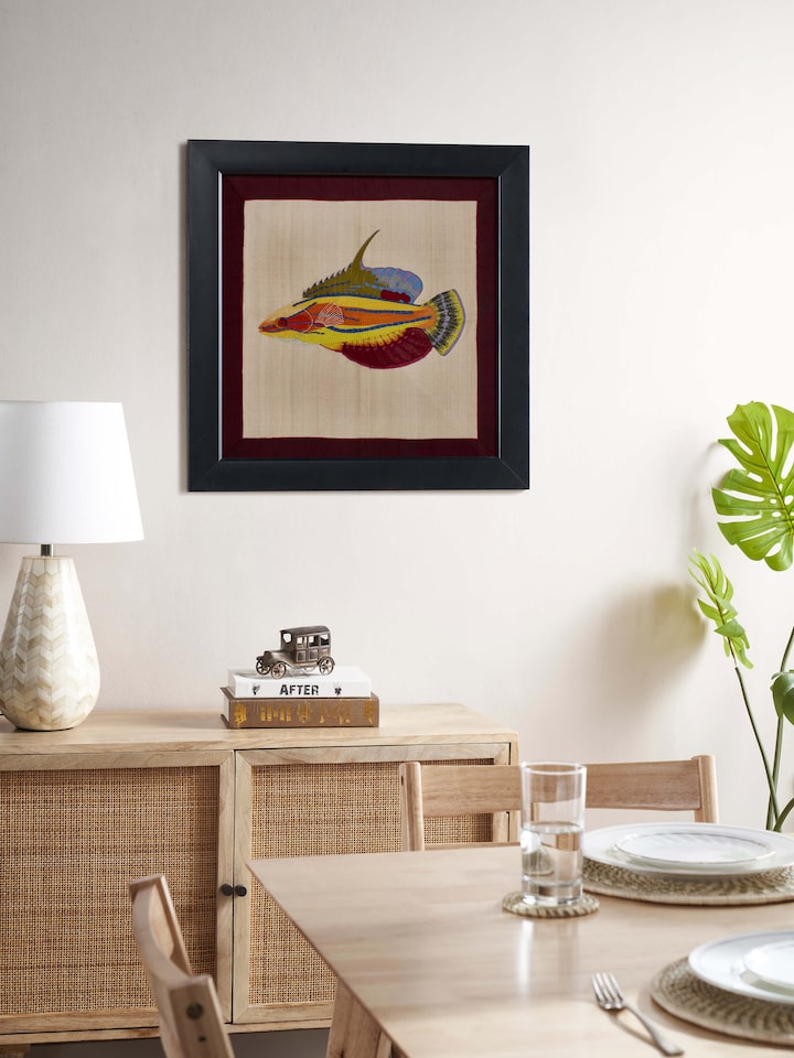 Close-up of Aari embroidery flasher wrasse wall art, highlighting the detailed stitching and colorful design.