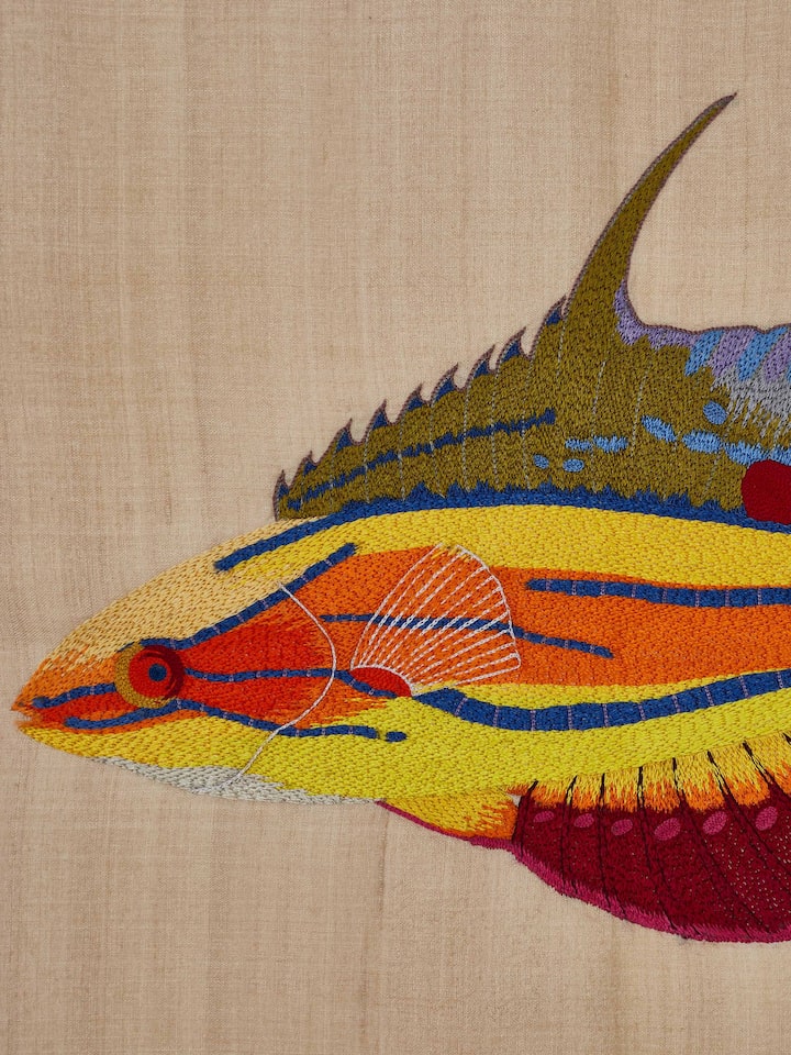 Aari embroidery flasher wrasse wall art, showcasing the full design with a focus on the artistic embroidery work.