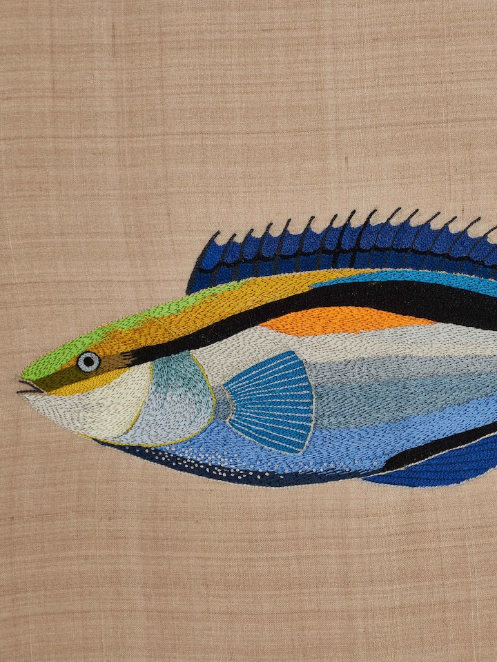 Close-up of Aari Embroidery Bluestreak Wrasse Wall Art, focusing on the fine craftsmanship and design details