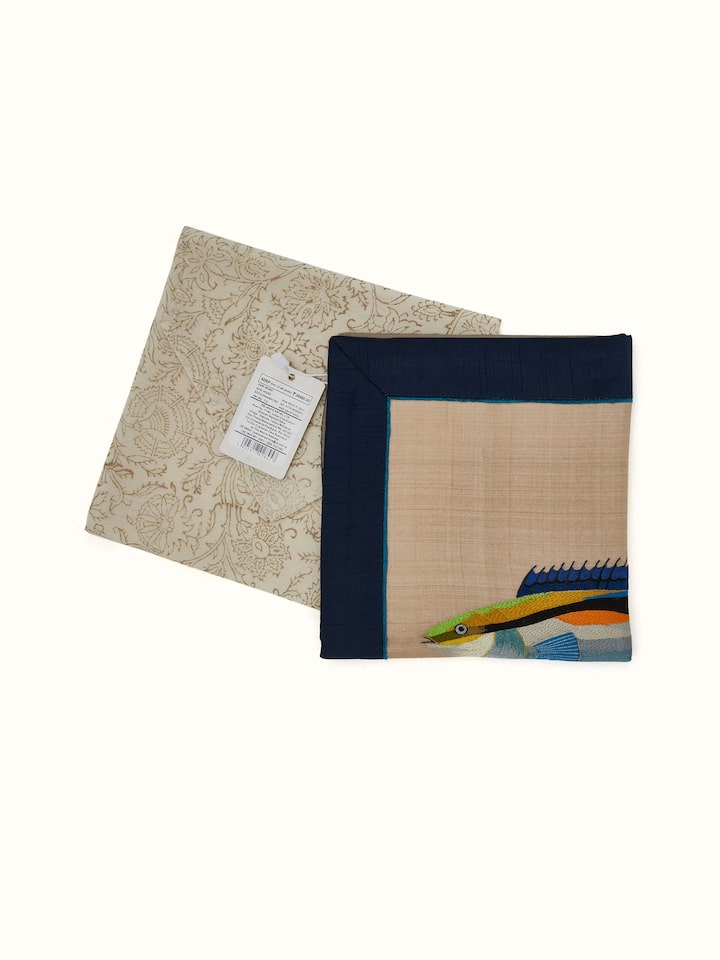 Detailed view of Aari Embroidery Bluestreak Wrasse Wall Art, emphasizing the artistic elements and texture