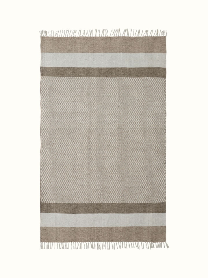 Geo checkered beige Jawaja wool & cotton handloom dhurrie (3x5 ft) with a classic beige checkered pattern and handloom texture.