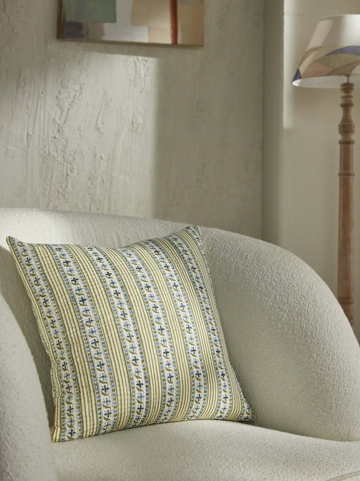 Close-up of Aarunya blue floral stripe cotton Sanganeri block printed cushion cover highlighting the detailed floral design.