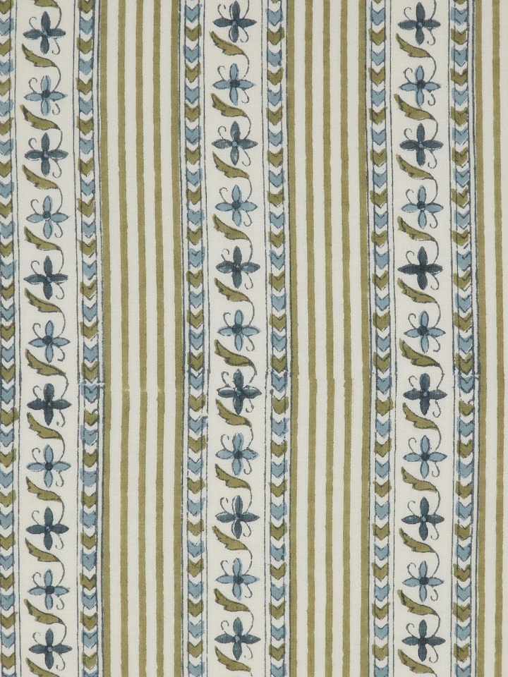 Detailed view of Aarunya blue floral stripe cotton Sanganeri block printed cushion cover focusing on the print texture and colors