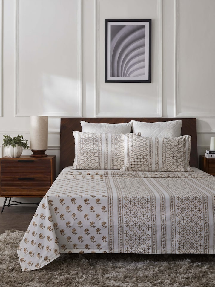 Full view of Aarunya Beige Floral Cotton Sanganeri Block Printed King Bedsheet Set, featuring the complete set including pillow covers.