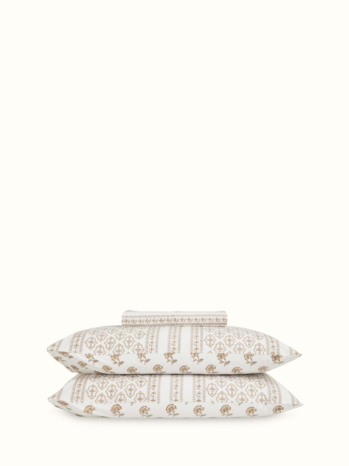 Full view of Aarunya beige floral cotton Sanganeri block printed queen bedsheet set (3 pcs) showcasing the floral block print design in beige.