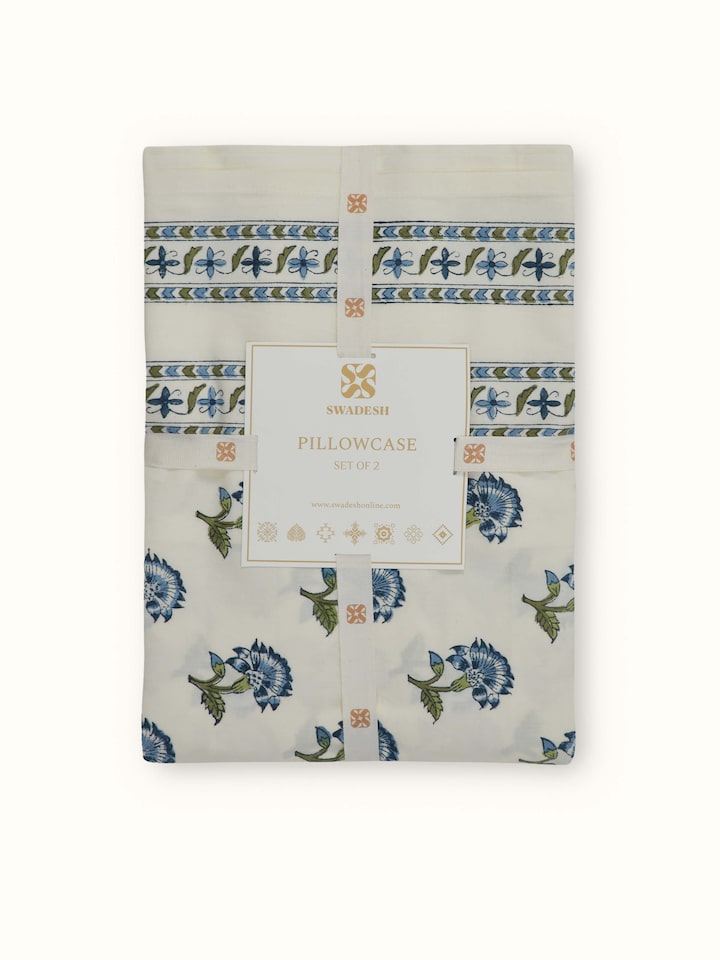 Front view of Aarunya Blue Buti Cotton Sanganeri Block Printed Pillow Cases (2 pcs) featuring the full pattern and texture.