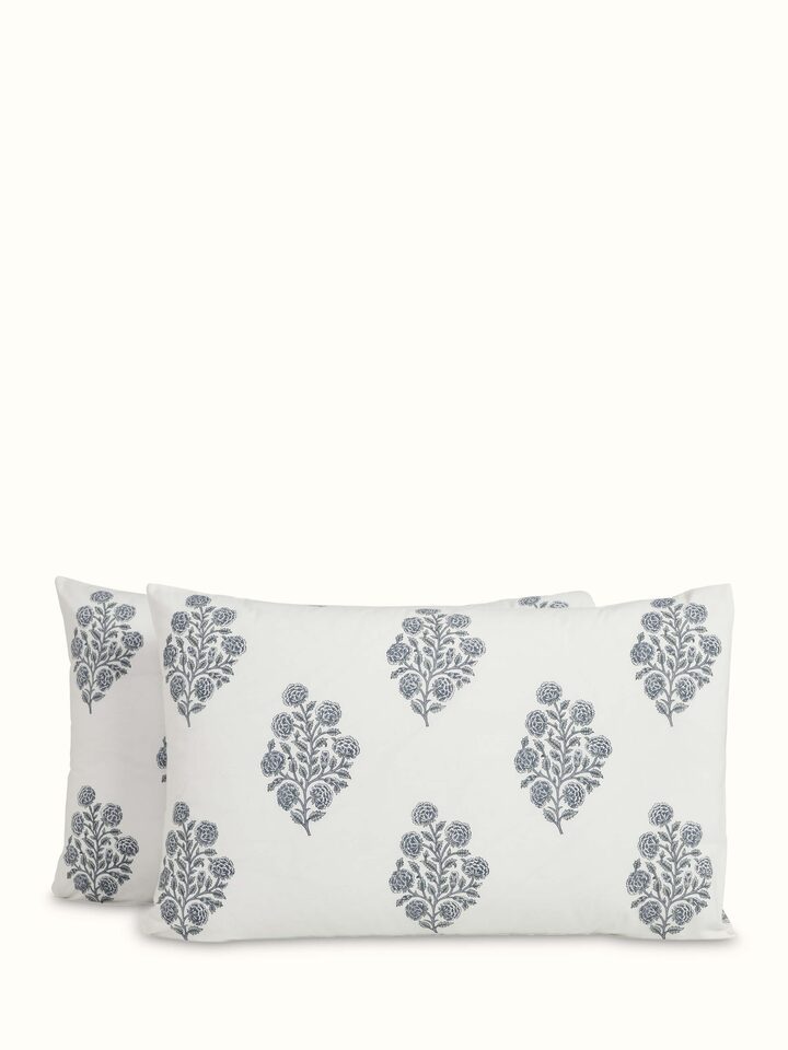 Detailed view of Saha Grey Buta Cotton Sanganeri Block Printed Pillow Cases (2 pcs), featuring a traditional buta pattern.