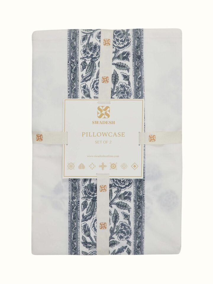 Close-up of the block printing details on Saha Grey Buta Cotton Sanganeri Block Printed Pillow Cases (2 pcs), focusing on the intricate design.