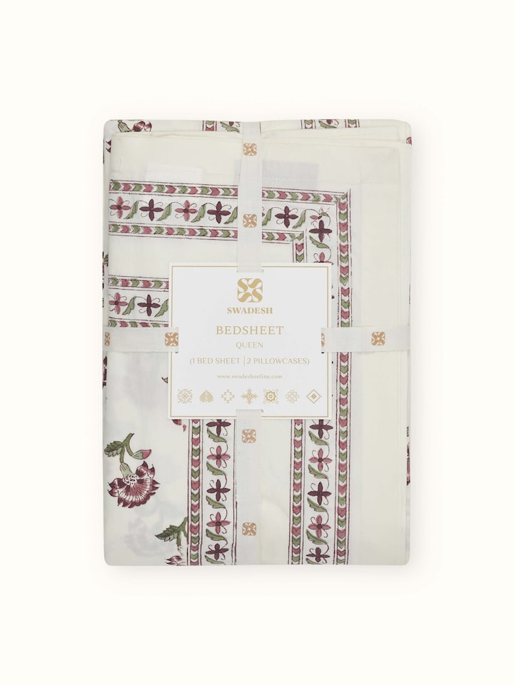 Full set of Aarunya red buti cotton Sanganeri block printed queen bedsheet set (3 pcs) showing the bedspread, pillow shams, and print details.