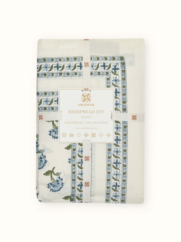 Front view of Aarunya Blue Buti Cotton Sanganeri Block Printed Queen Bedsheet Set (3 pcs) displaying the full bedsheet set layout and pattern.