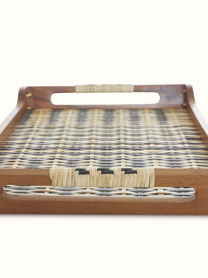 Front view of bamboo and teak wood decorative tray, highlighting its natural wood grain and craftsmanship.