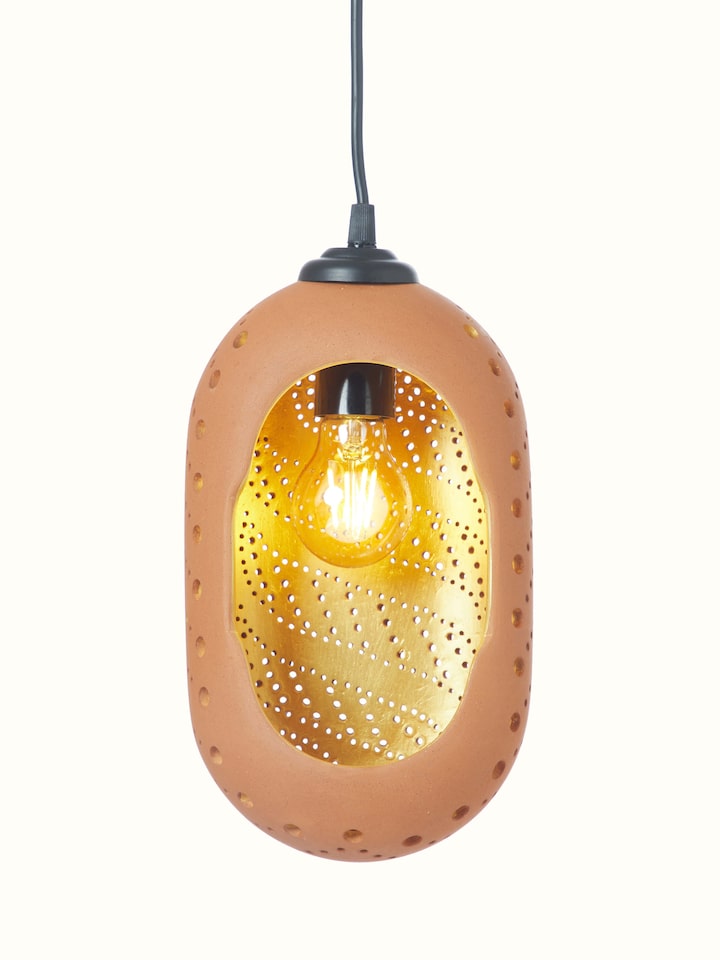 Close-up of large terracotta pendant lights (2 pcs), highlighting the detailed craftsmanship and rustic charm.