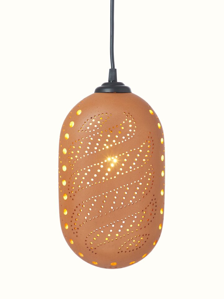 Full view of large terracotta pendant lights (2 pcs) with their warm, inviting glow, ideal for ambient lighting.
