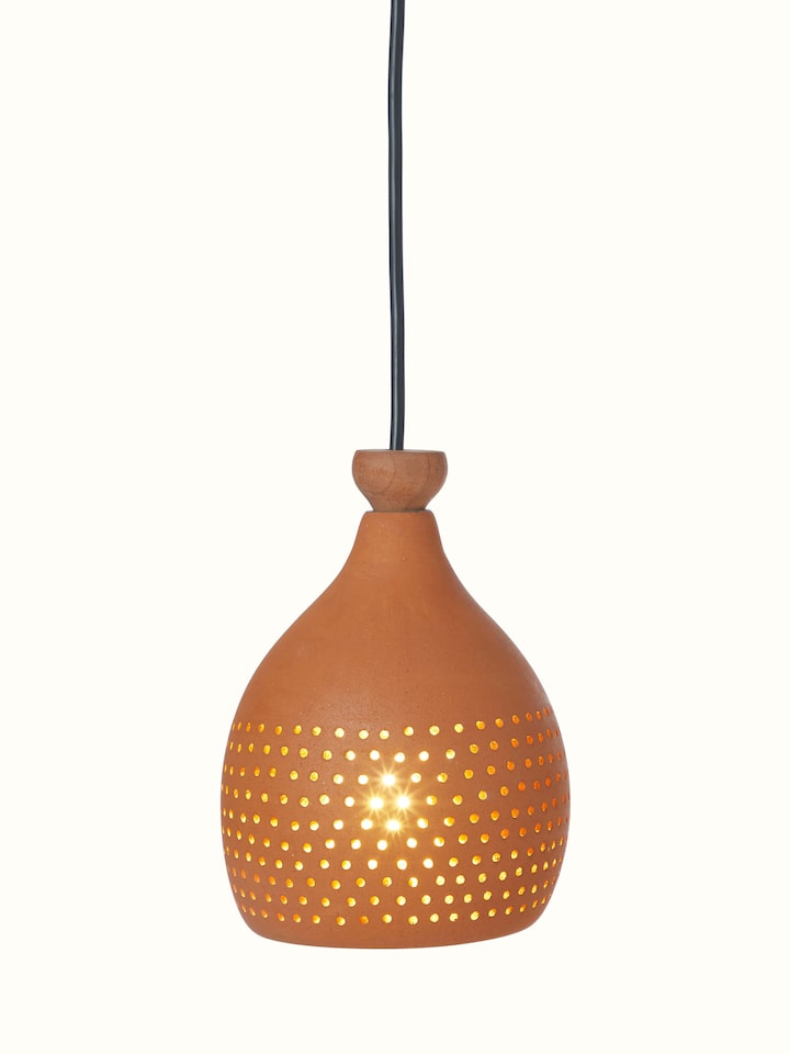Close-up view of Natural Terracotta Pendant Lights (Small), highlighting the artisanal craftsmanship and finish