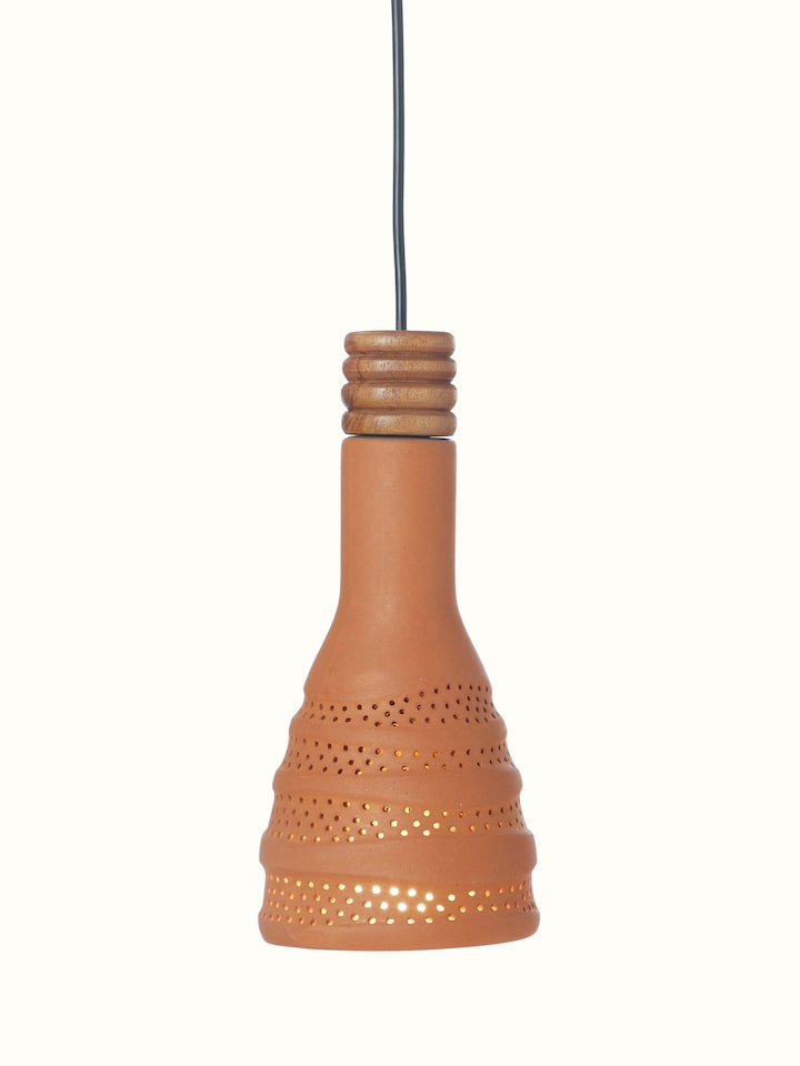 Side view of Terracotta Pendant Lights Tall (2 pcs) highlighting the height and shape of the lights.